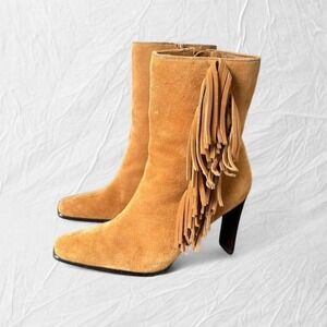 Leather tan fringe boots western boho